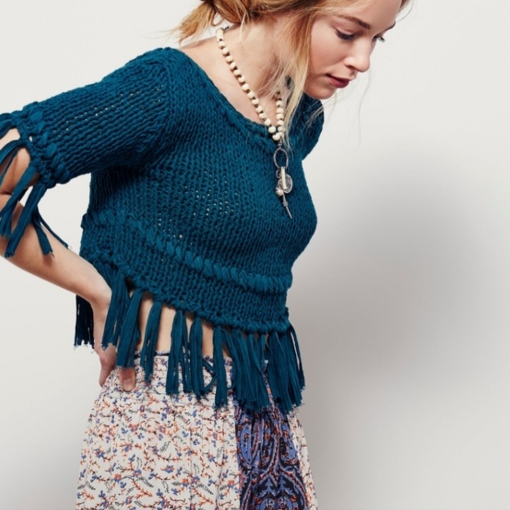 Free People Teal On The Fringe Crop Top Knit Sweater, Boho, Cottagecore, Size XS